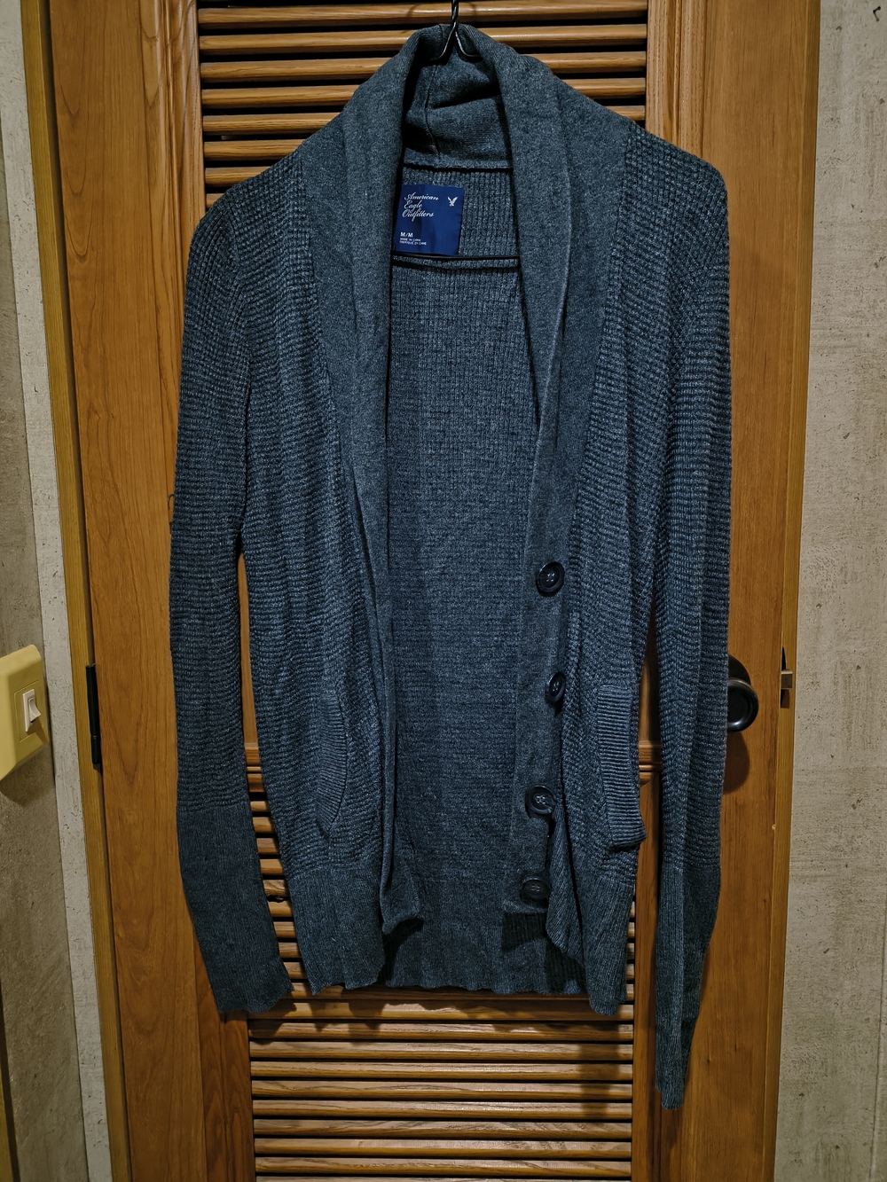 Vintage American Eagle Womens Cardigan Sweater Gray Shawl Waffle Knit Y2K